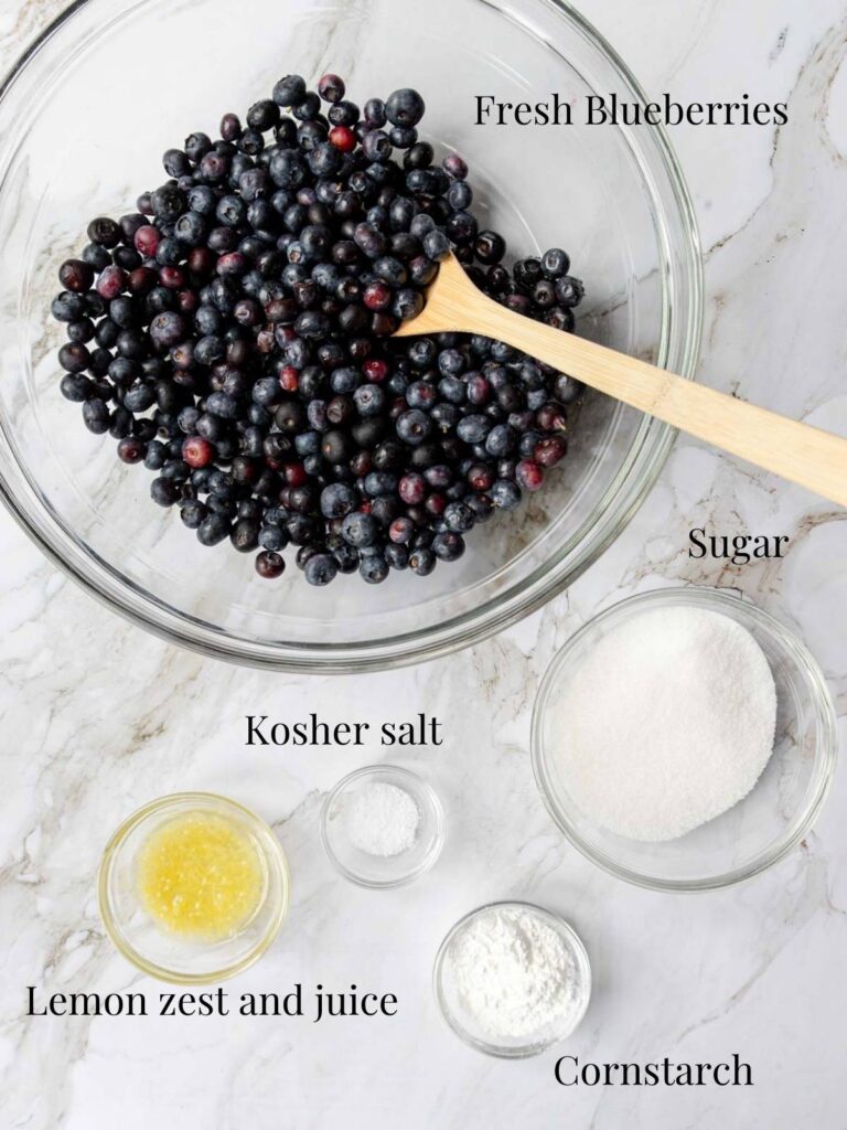 ingredients for blueberry filling with text