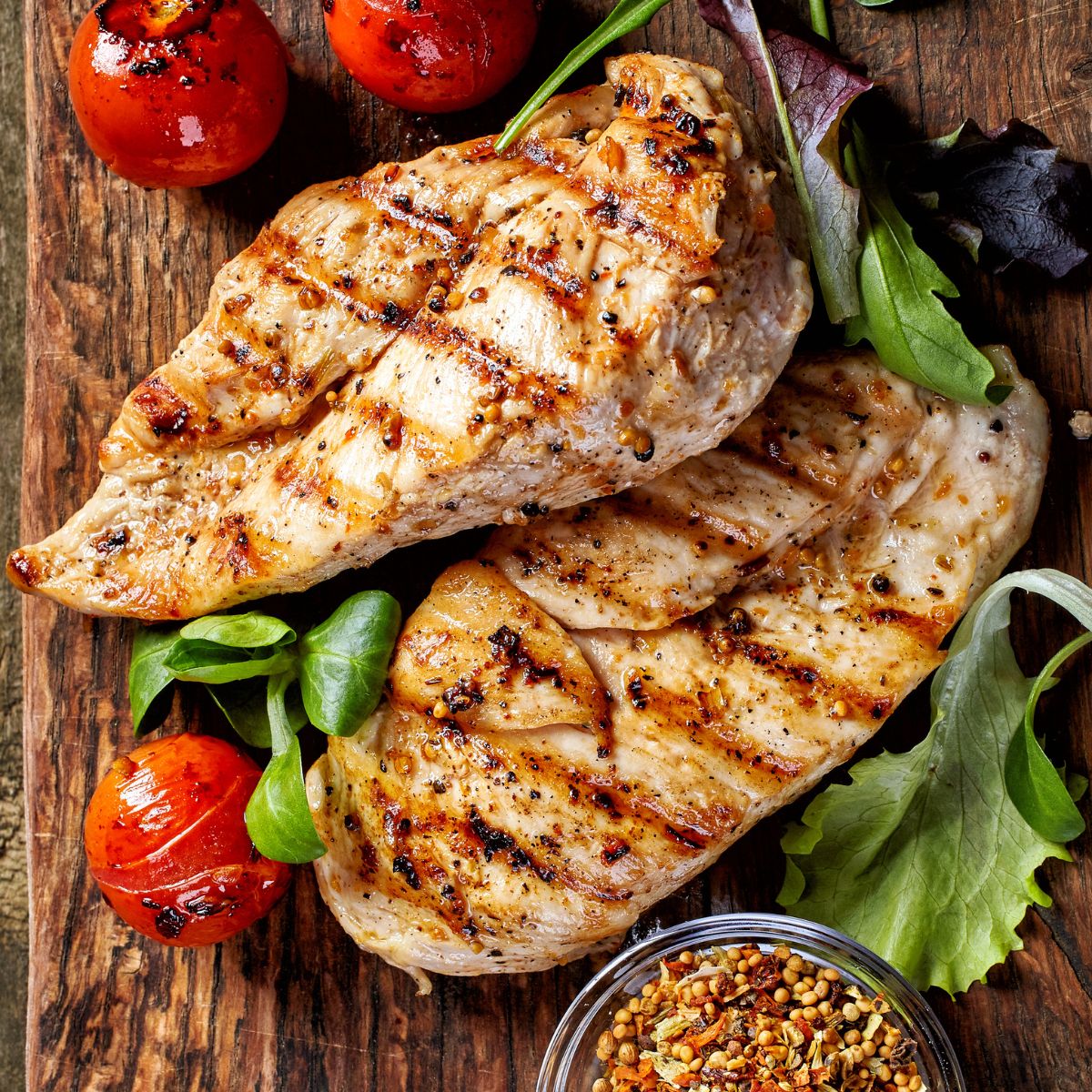 two grilled chicken breasts