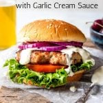 Grilled Pork Burger Pin Image with text