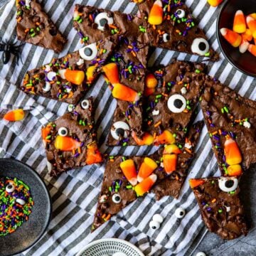 Brownie Brittle with halloween sprinkles, eyeballs and candy corn