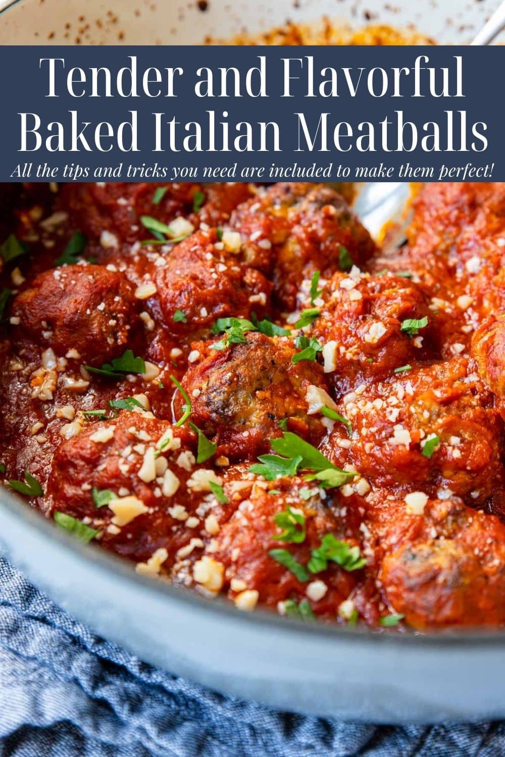 A pot of baked Italian meatballs with text overlay for Pinterest