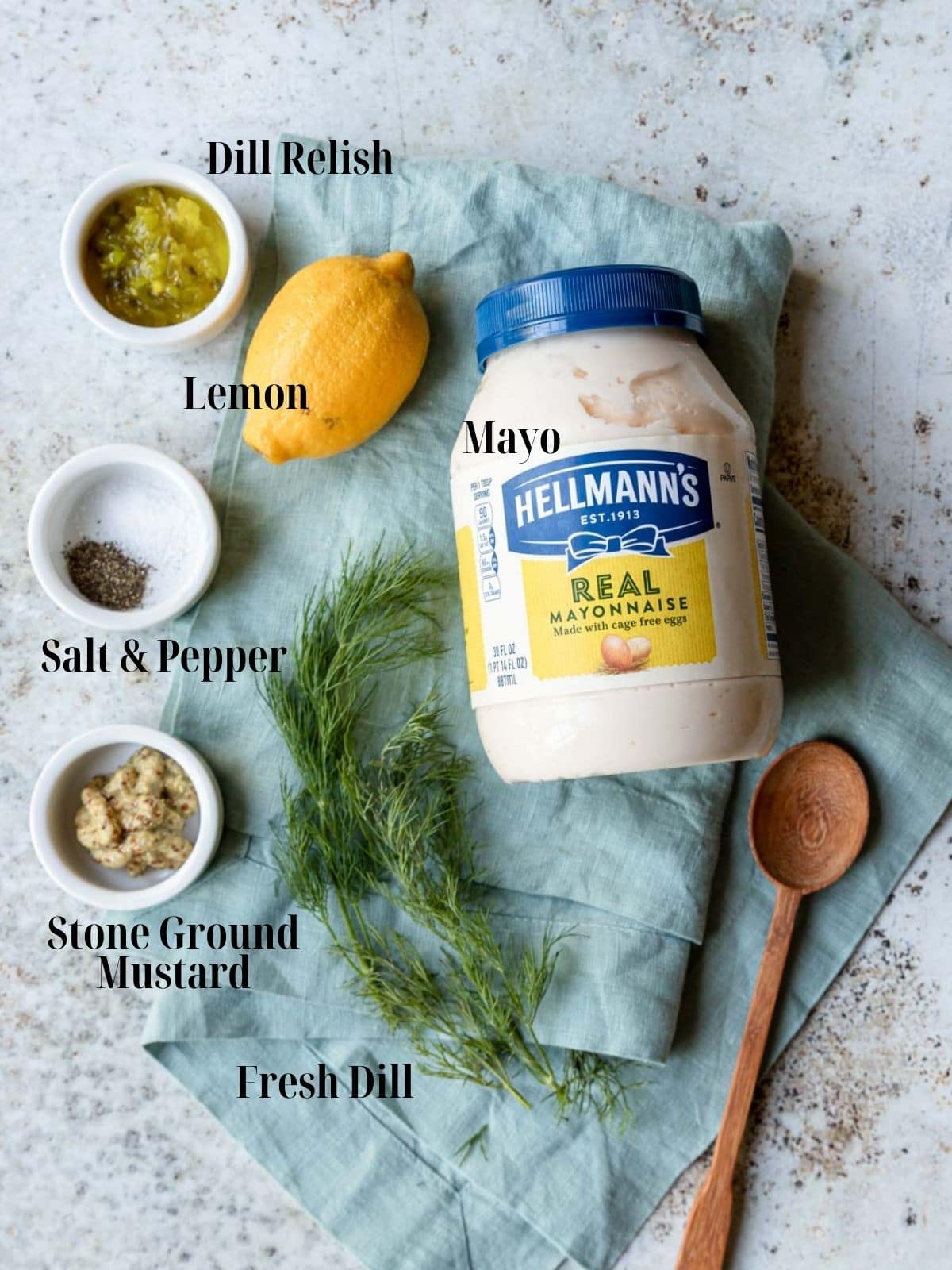 Ingredients for tartar sauce with text labels