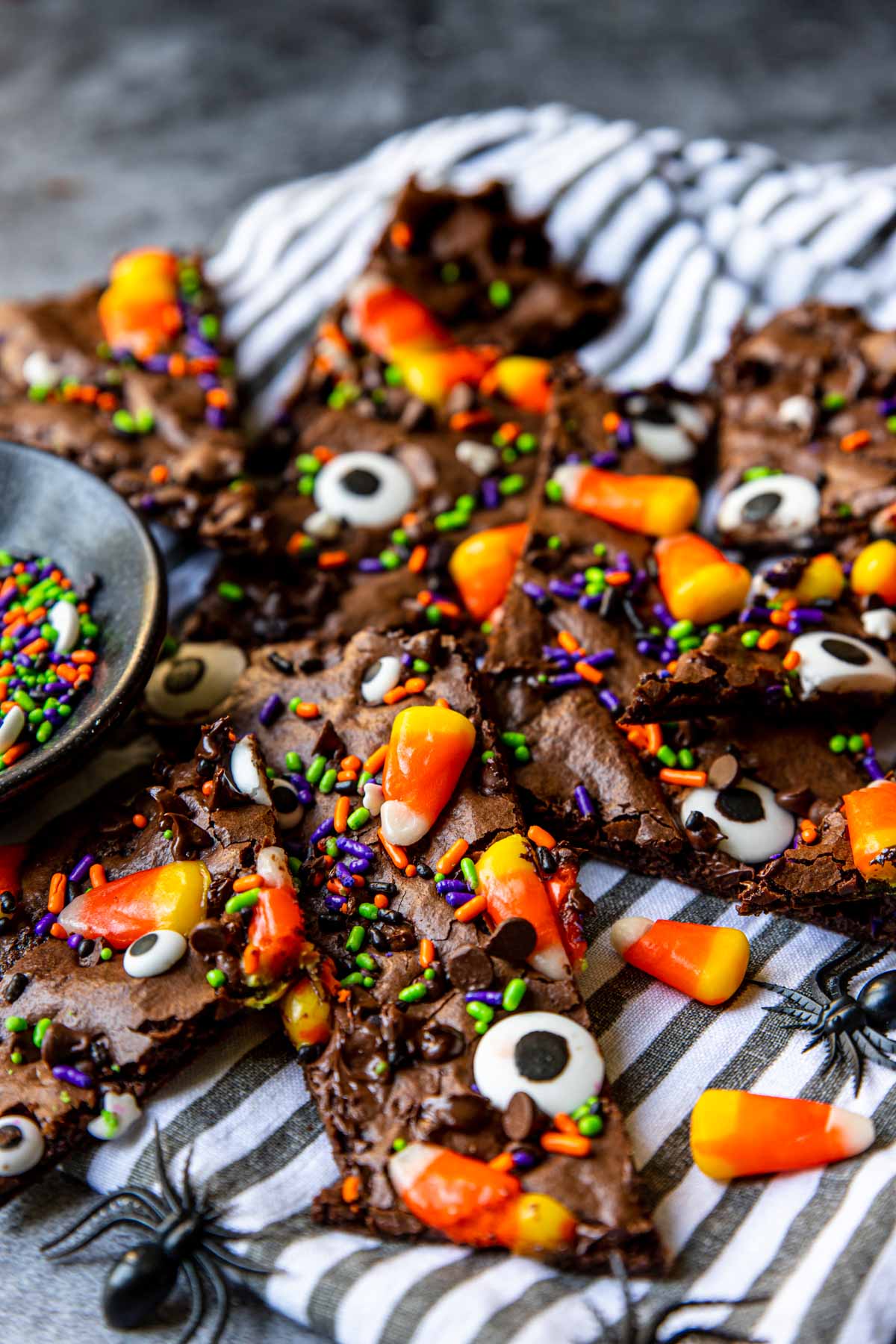 a black and white napkin with Halloween Brownie Brittle on top