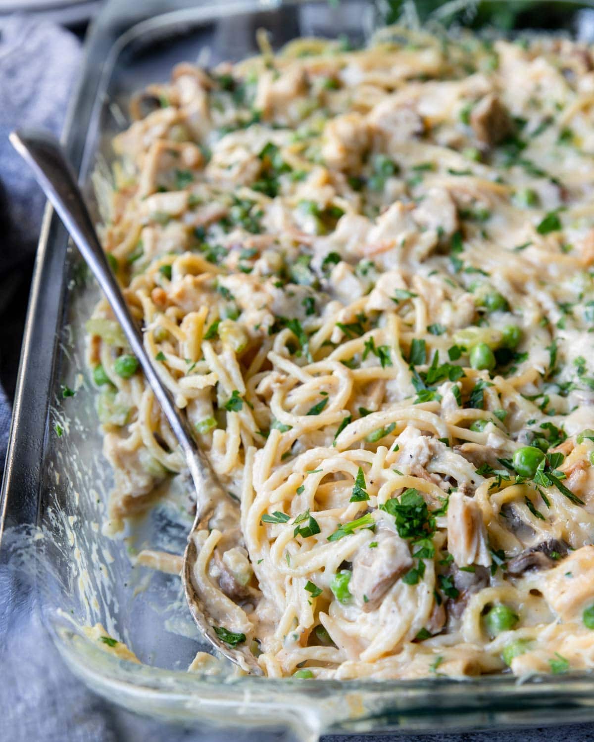 chicken tetrazzini in a glass casserole pan