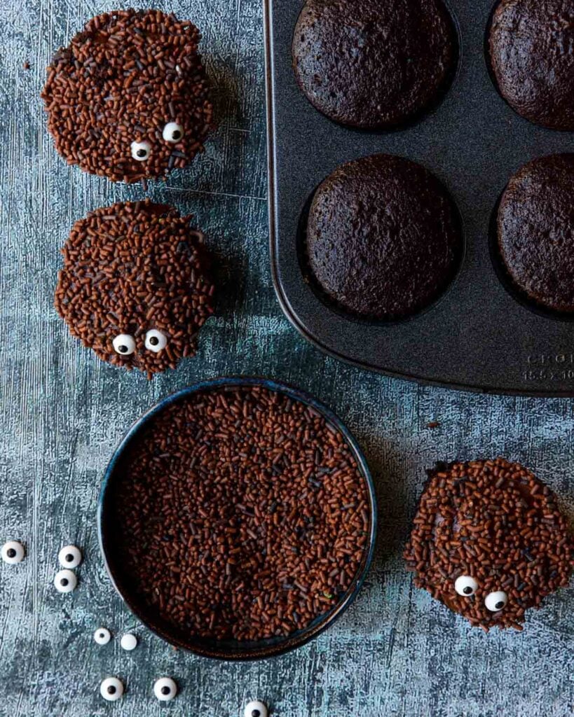 chocolate cupcakes with candy eyes and dipped in chocolate sprinkles