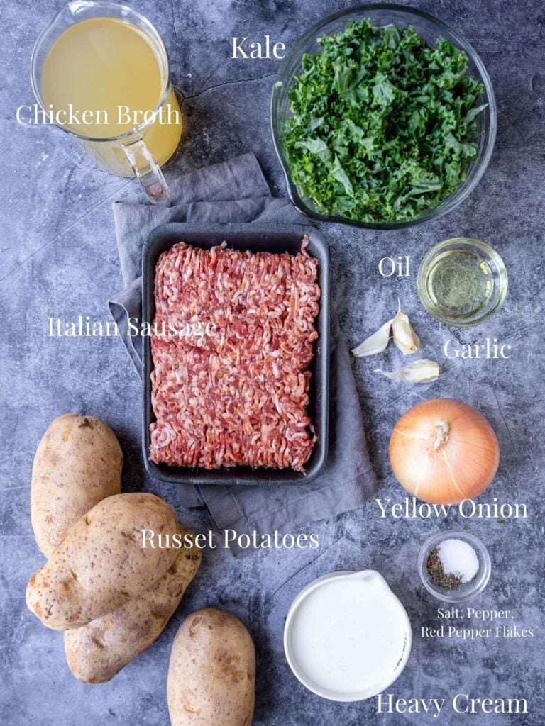 ingredients for zuppa toscana on a table with text overlays