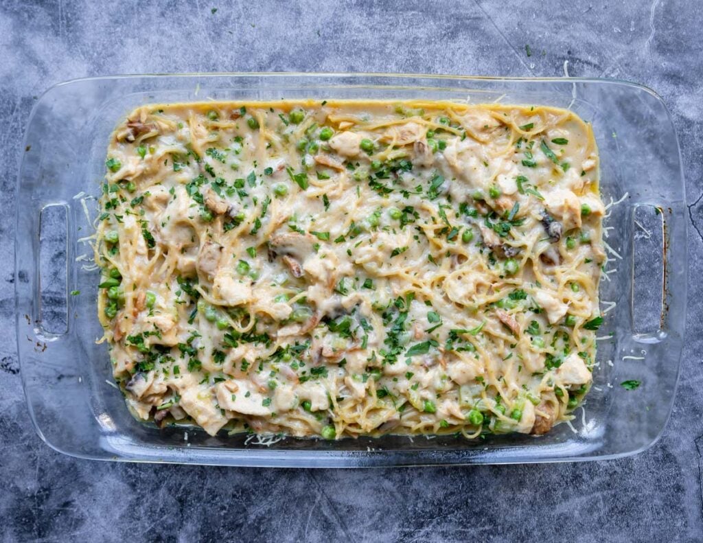 chicken tetrazzini baked in a 9x13 pan