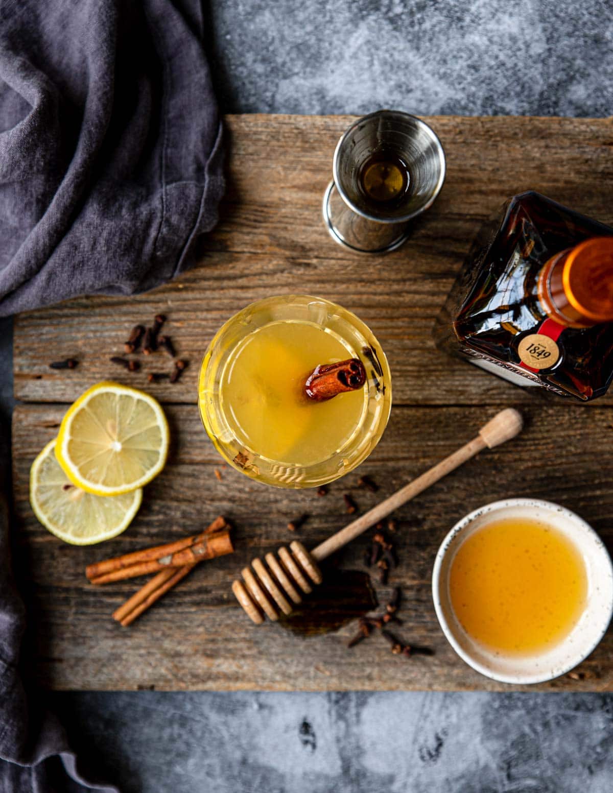 overhead photo of tequila hot toddy ingredients 