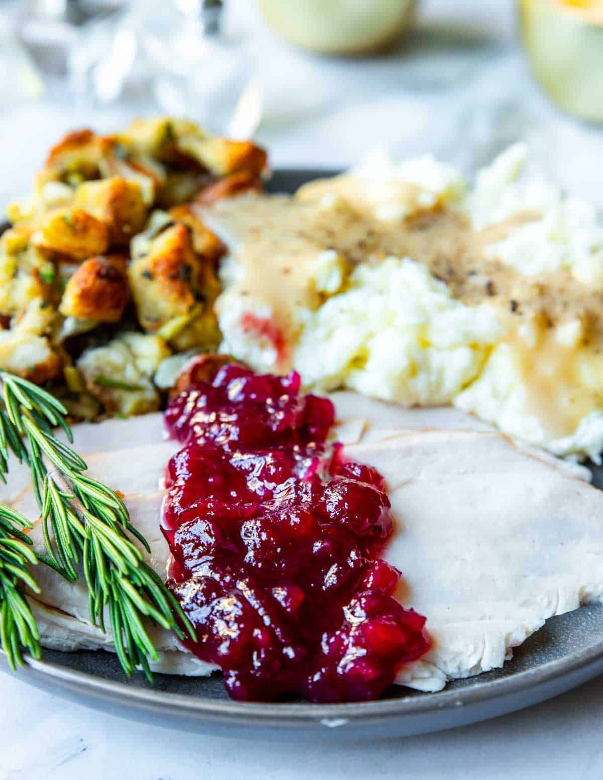 A thanksgiving plate with canned cranberry sauce poured over the turkey