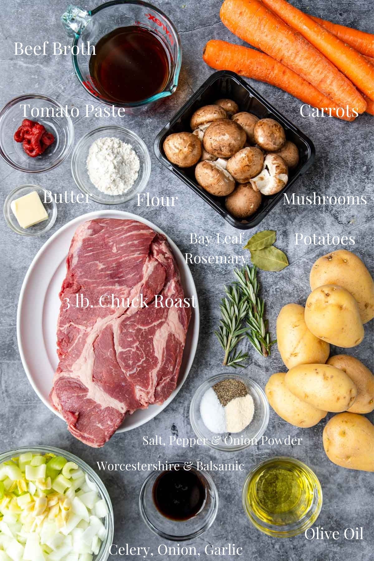 Ingredients for Instant Pot Pot Roast with text labels
