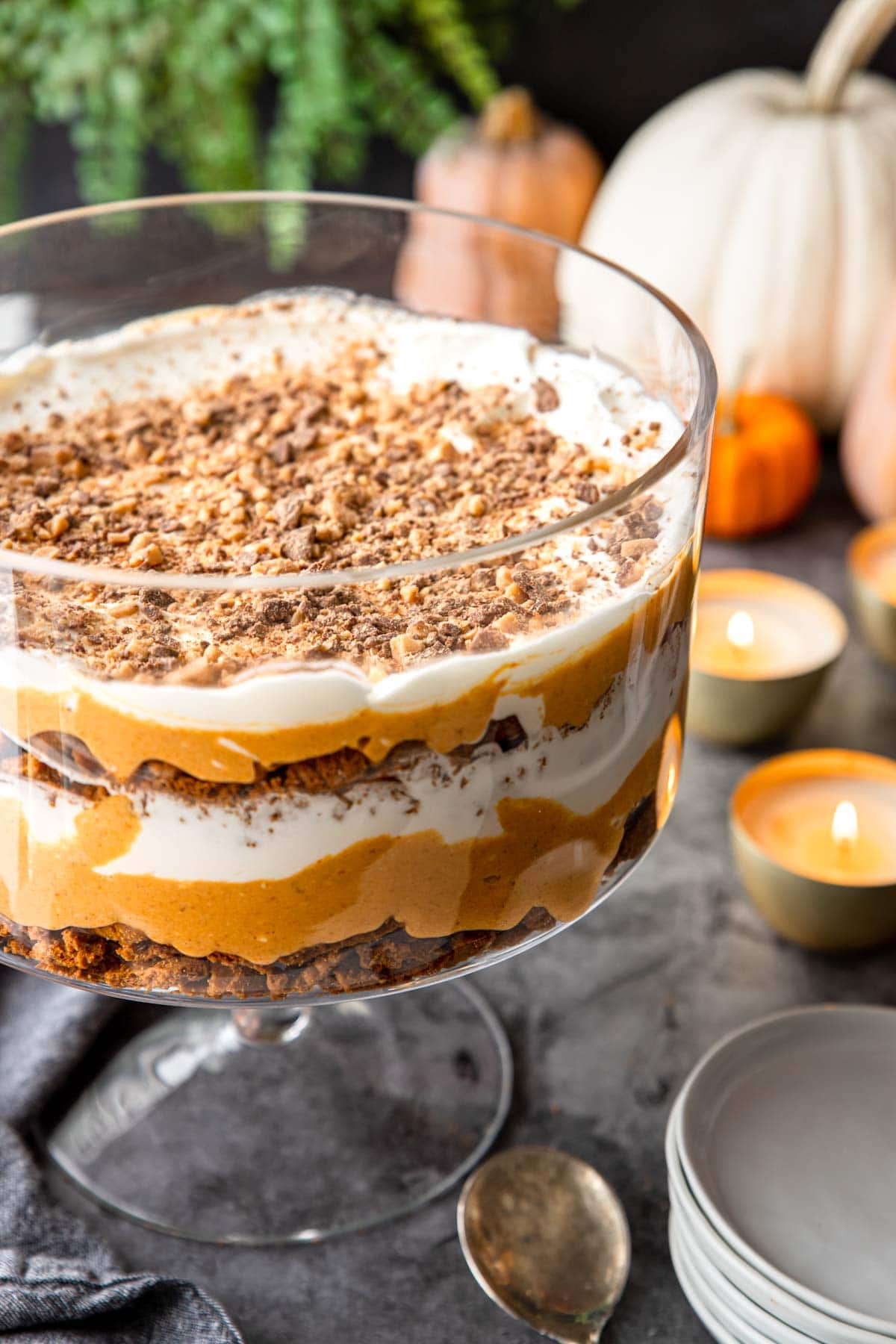 A Thanksgiving trifle on a table with layers of pumpkin whipped cream and biscoff cookies