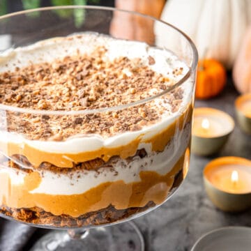 Thanksgiving Pumpkin Trifle Dessert topped with toffee bits