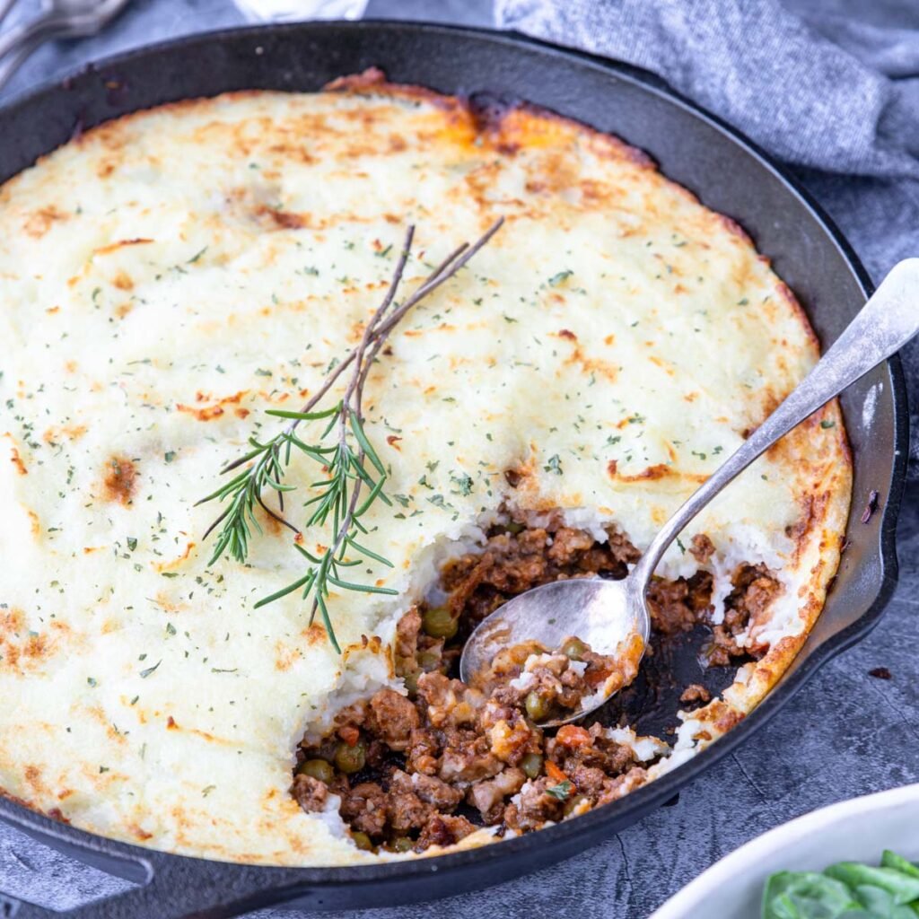 Ground Turkey Shepherd's Pie in a cast iron skillet