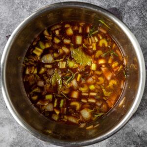 beef broth with onions, celery and garlic in the instant pot