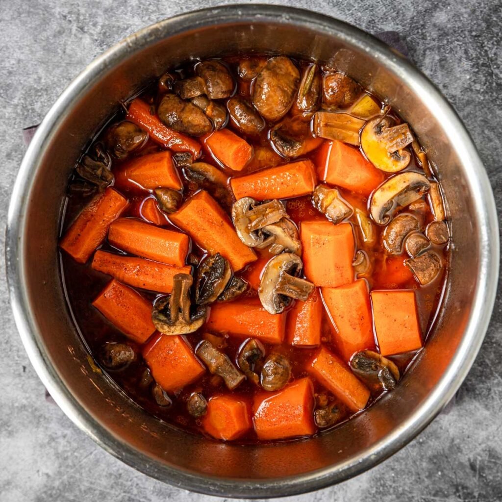 cooked potatoes, carrots and mushrooms in the Instant Pot