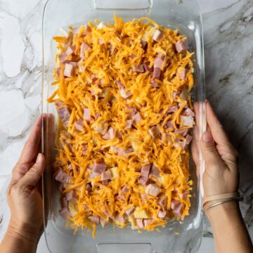 bread, ham and cheese in a 9x13 pan