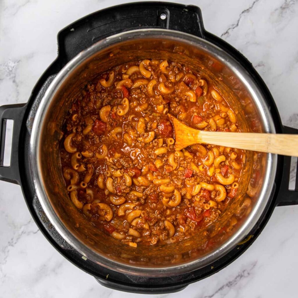 Chili mac ready to serve from the Instant Pot