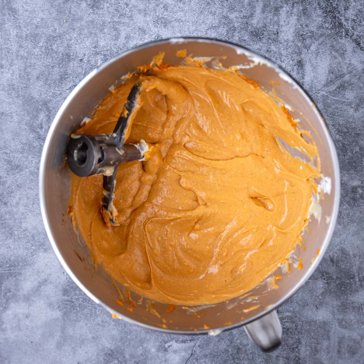 pumpkin cream cheese mousse in a mixing bowl
