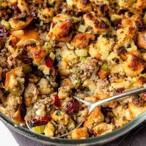 glass casserole dish with sausage stuffing