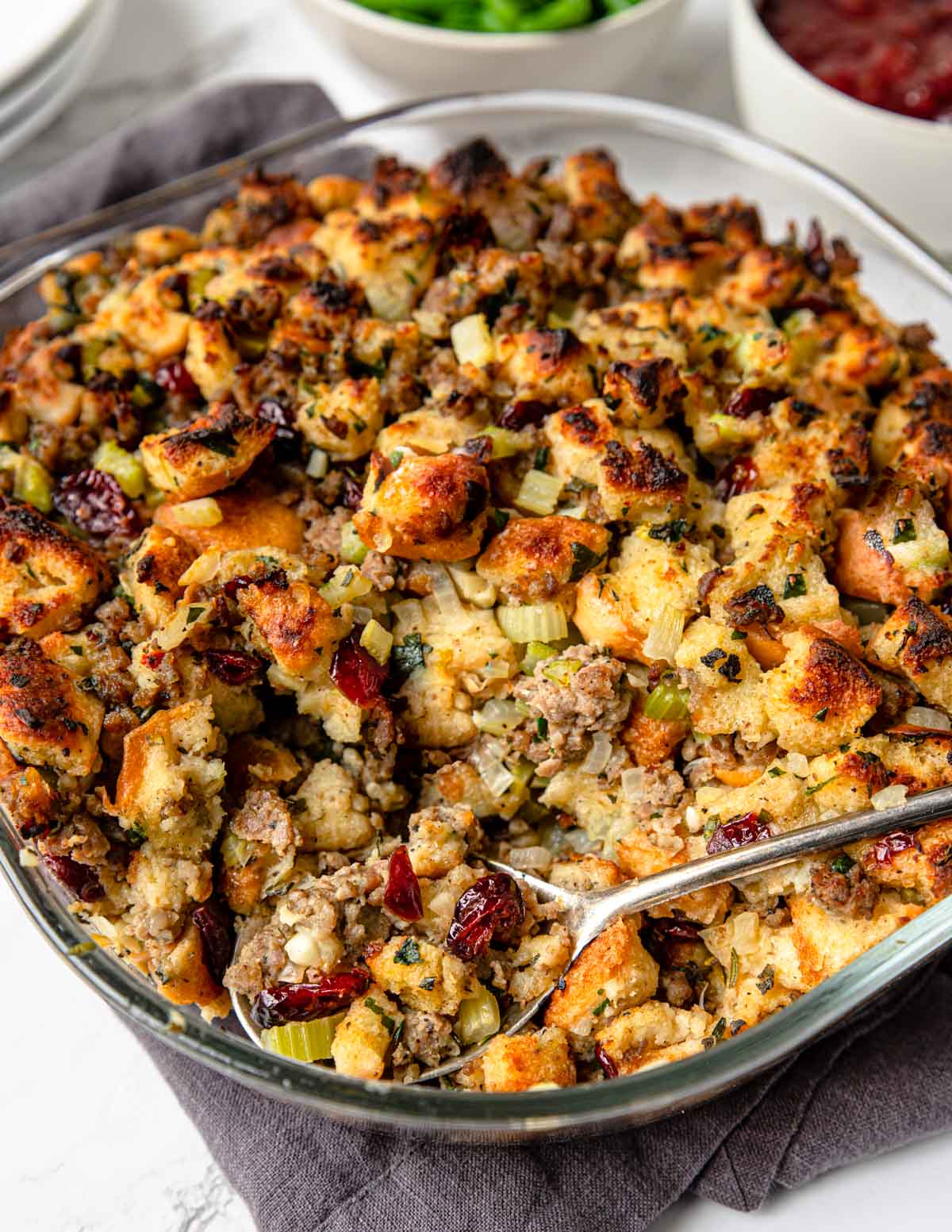 sausage and herb stuffing on a holiday table