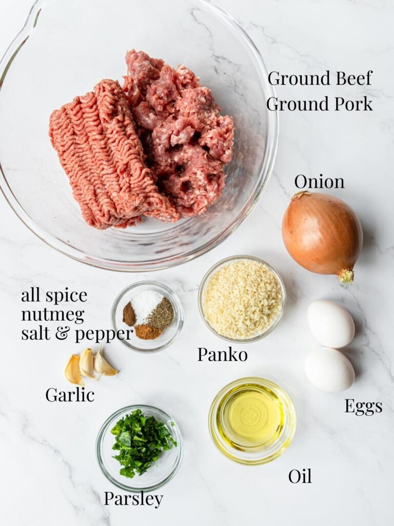 ingredients for Swedish meatballs on a table 