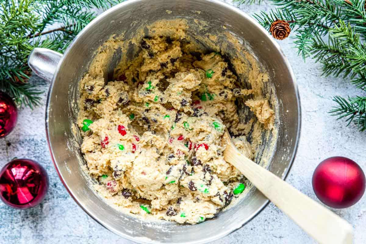 Chocolate Chip Cookie Dough for Christmas in a stand mixer bowl