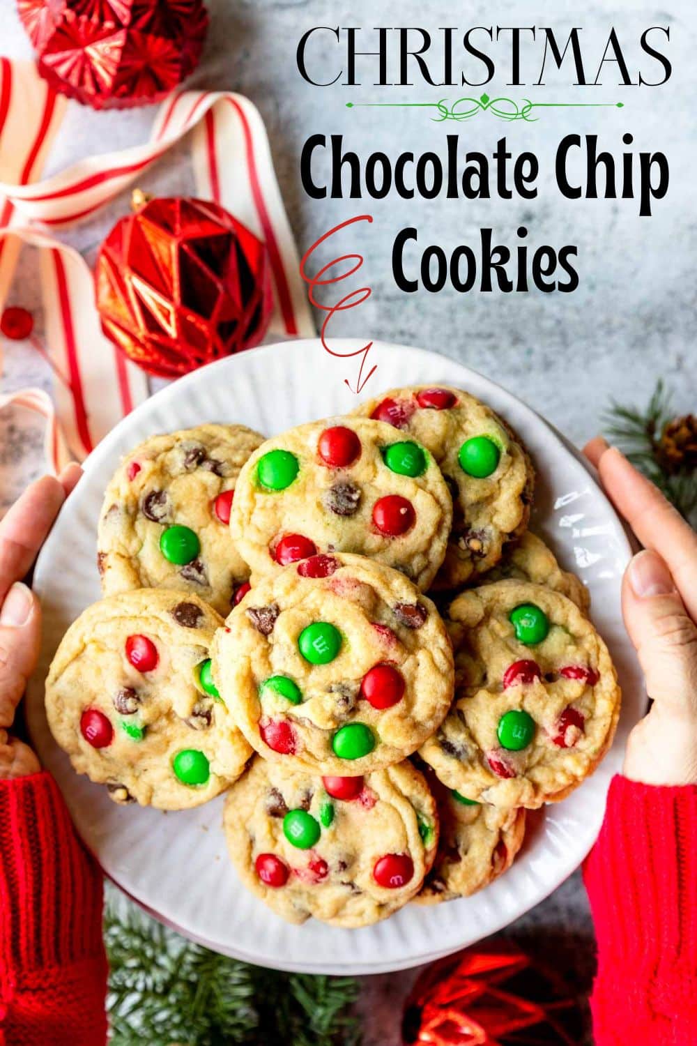 a plate of Christmas Chocolate Chip Cookies with text overlay for Pinterest