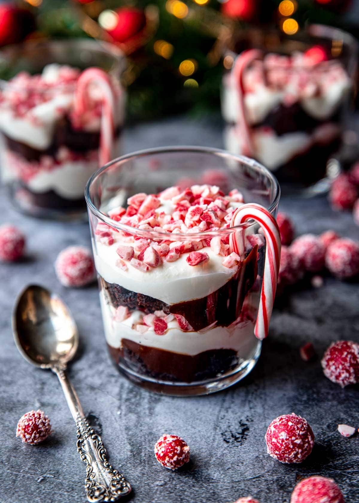 an individual chocolate trifle with layers of brownie, fudge, peppermint whipped cream and candy cane