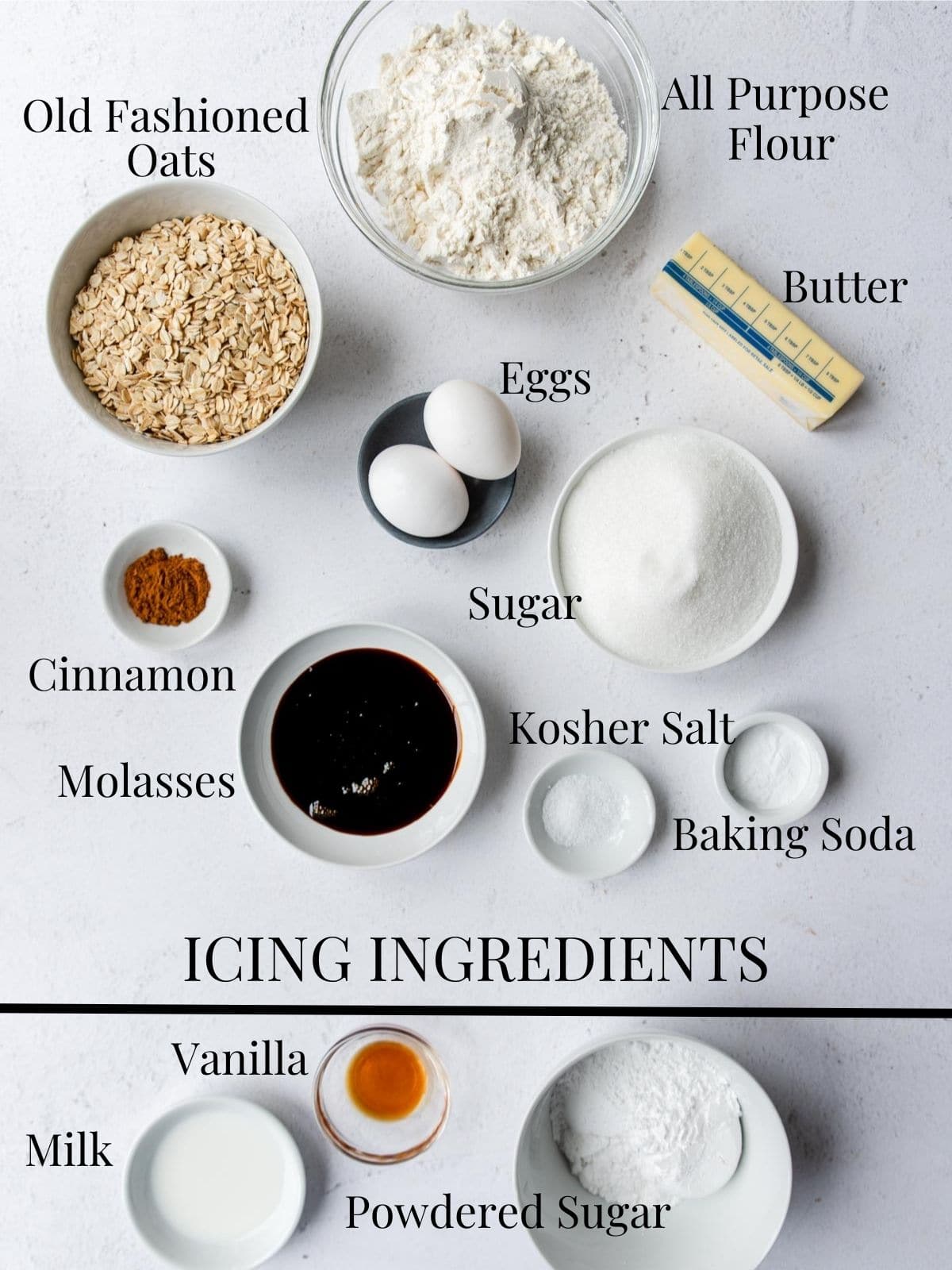 Ingredients for Old Fashioned Iced Oatmeal cookies with text labels