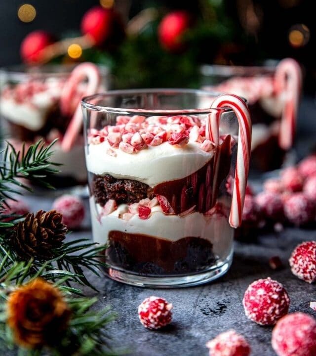 a christmas trifle in a cup with candy canes on the side