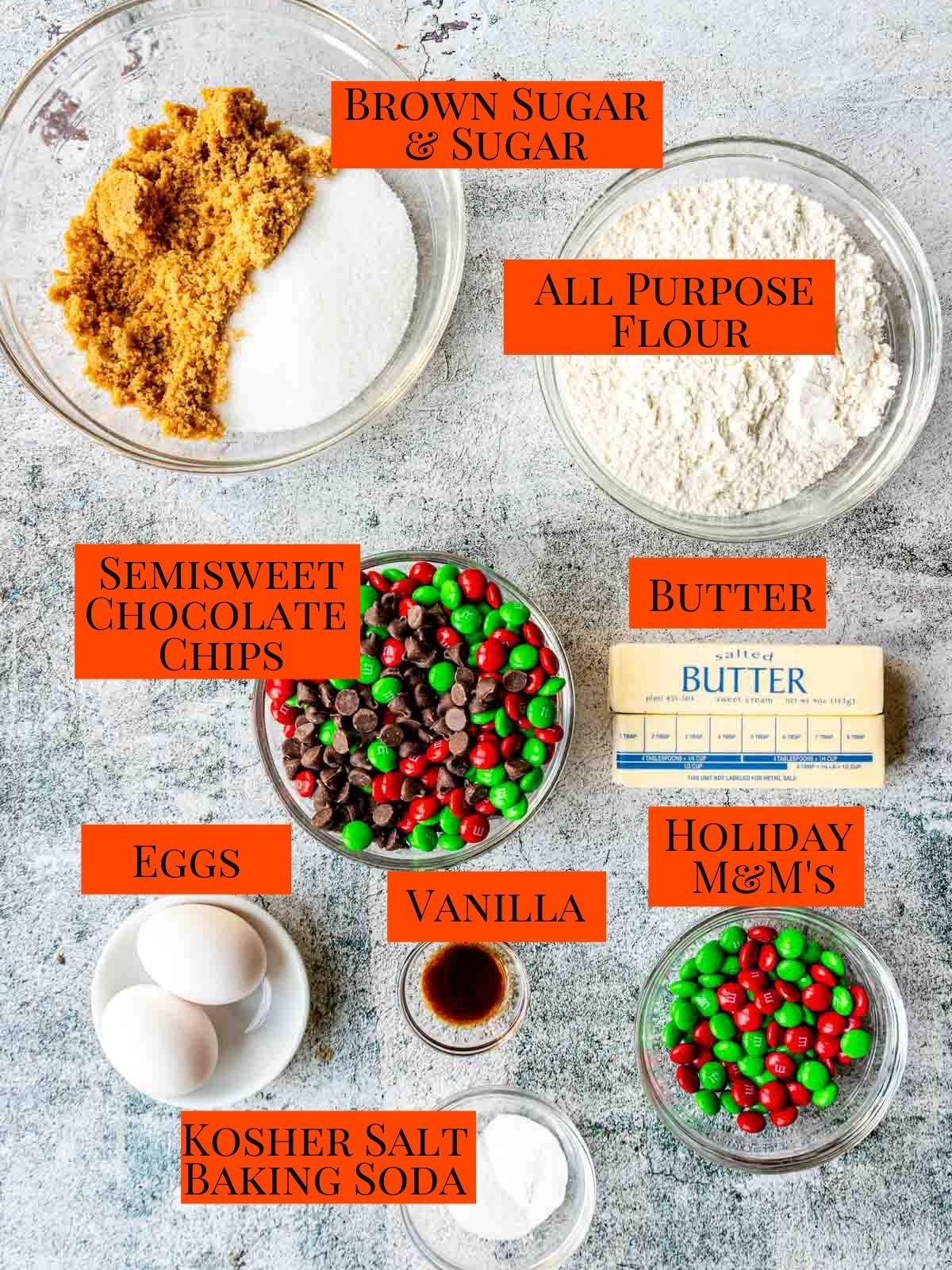 ingredients to make chocolate chip Christmas cookies