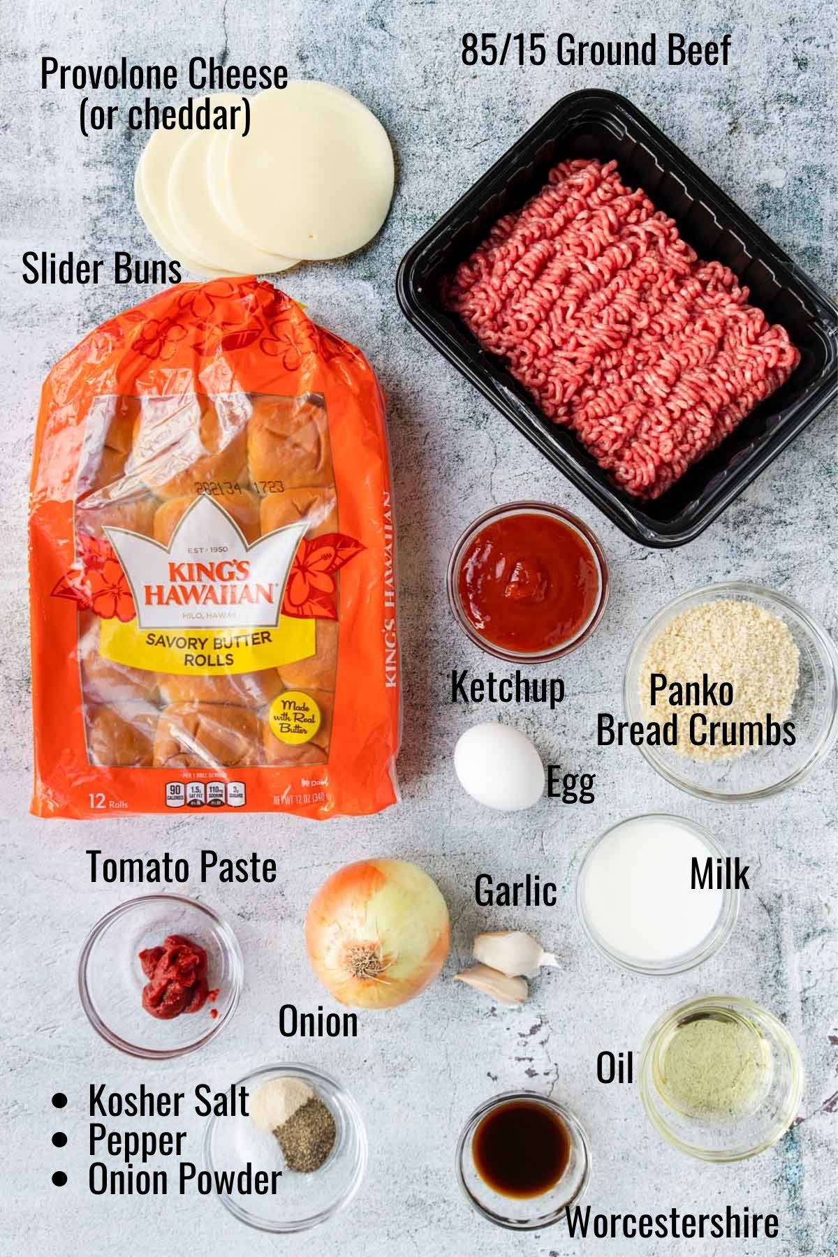 Ingredients for Meatloaf Slider Sandwiches with text labels