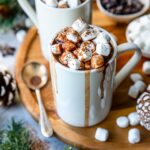 hot chocolate in a mug with marshmallows and cocoa on top