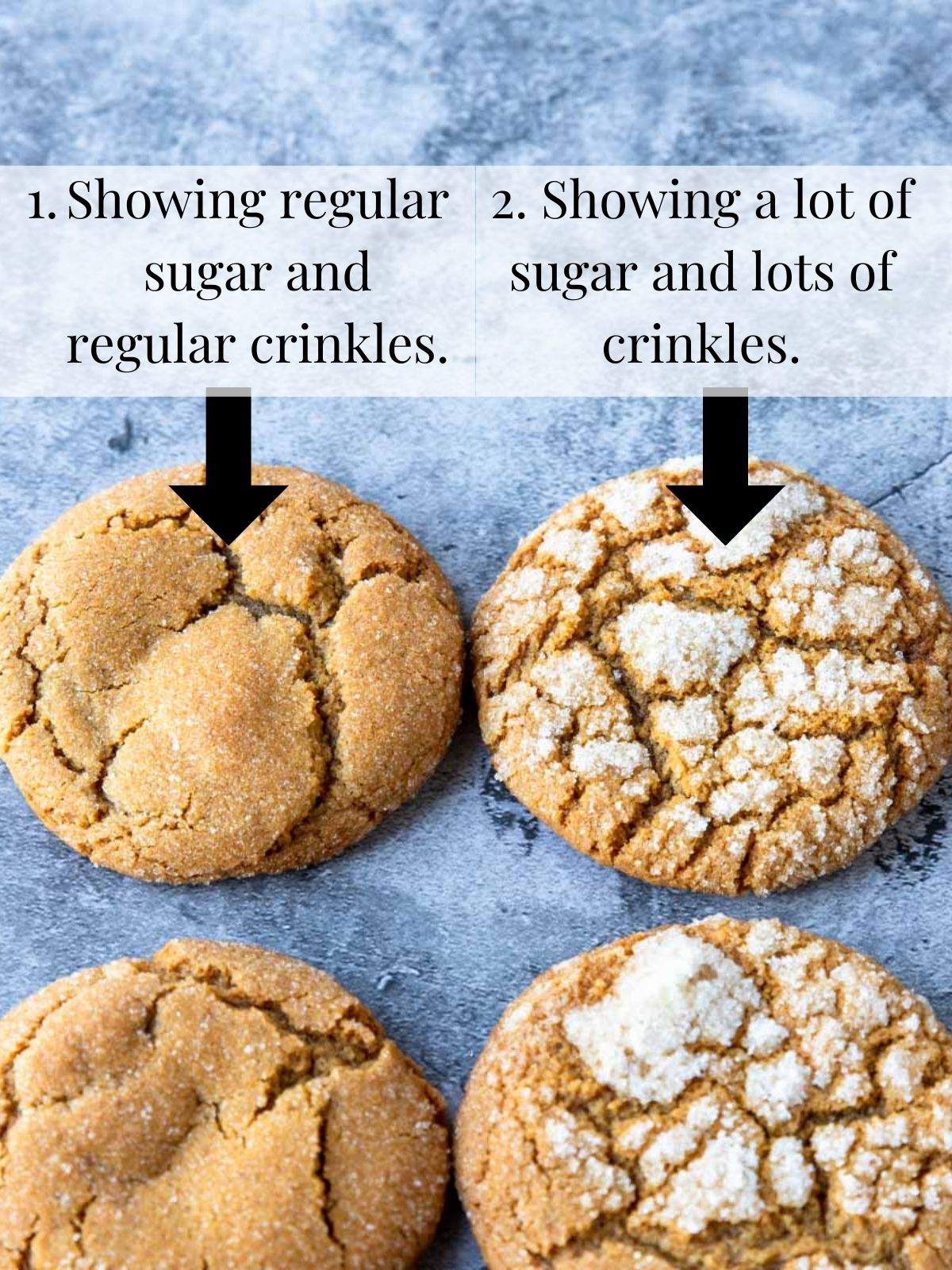showing the two options of adding sugar to the top of molasses crinkle cookies