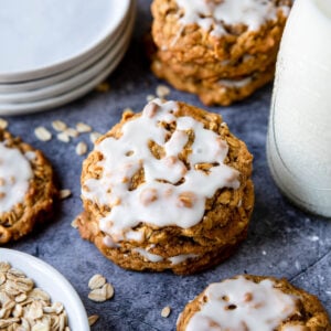 a close photo of iced oatmeal cookies
