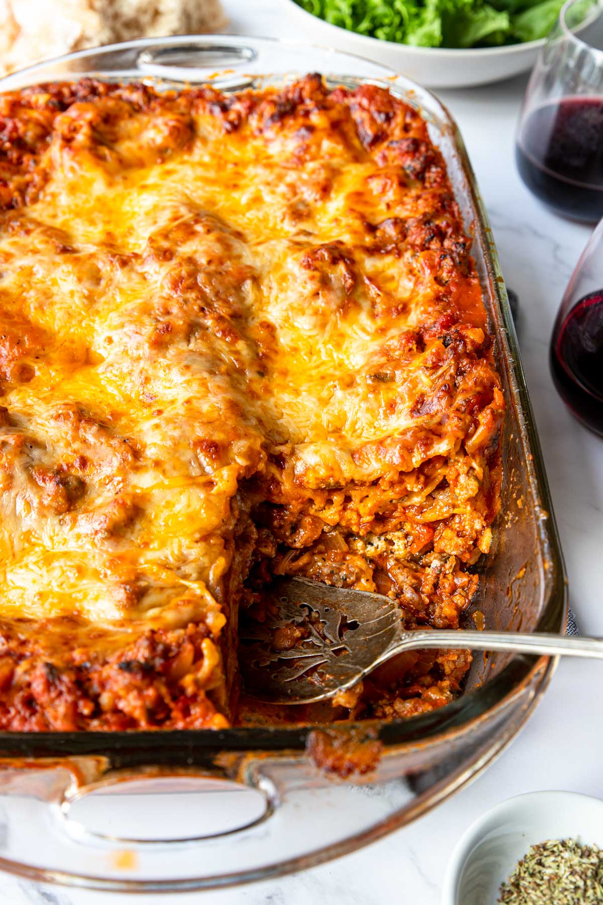 a slice removed from the lasagna showing the inside layers