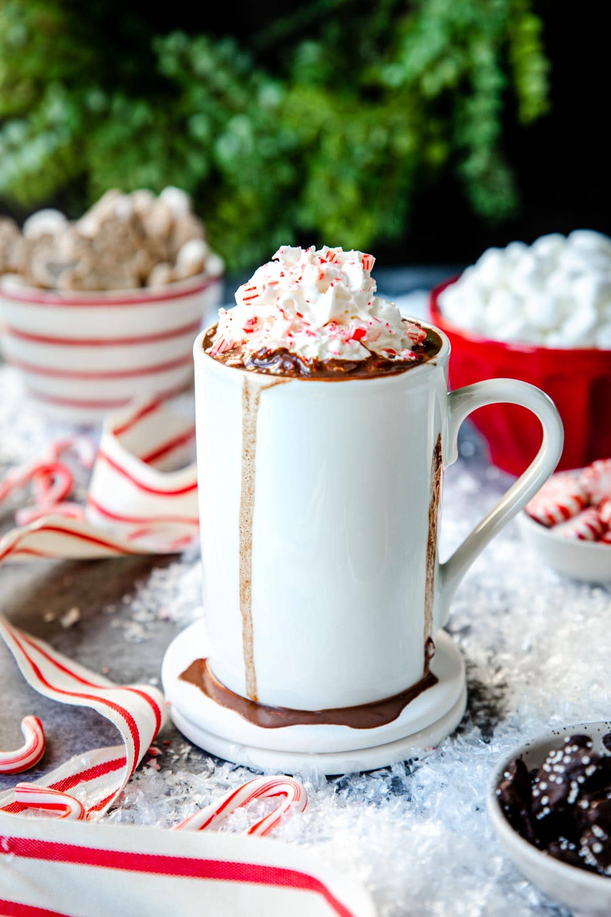 homemade peppermint hot chocolate with whipped cream and candy canes