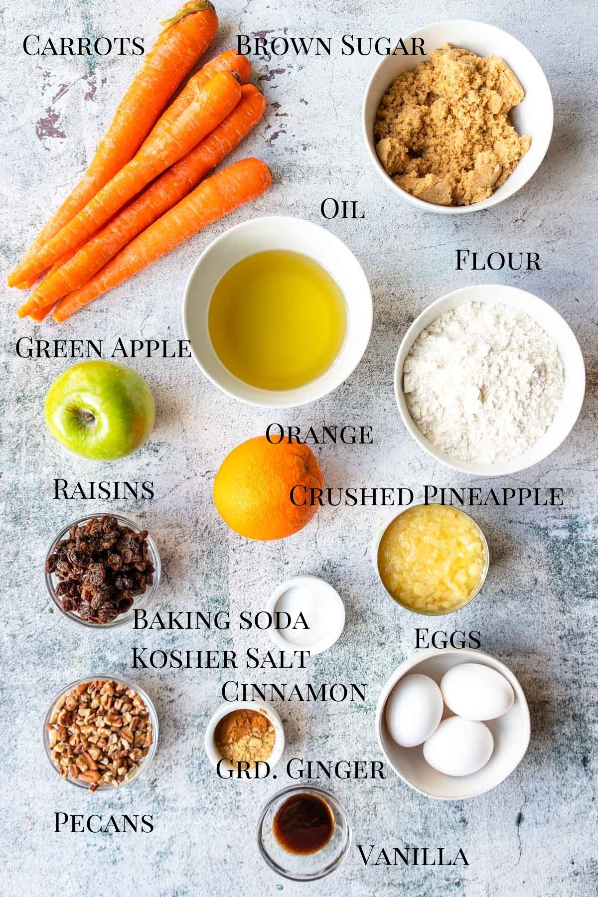 ingredients for morning glory muffins on table with text overlay