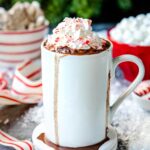 Pinterest image with text for peppermint hot chocolate