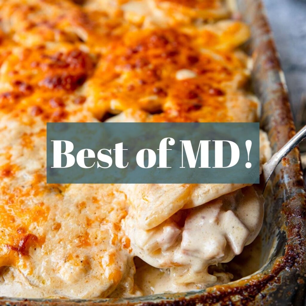 Best of MD text overlay with a pic of scalloped potatoes and ham