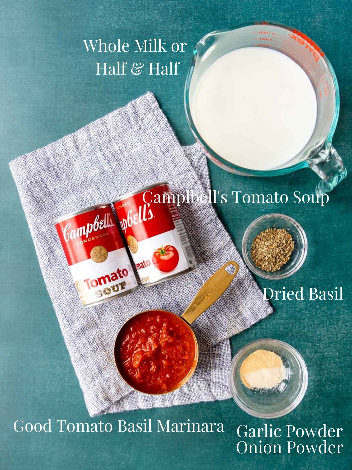 Crazy easy tomato basil soup ingredients with text labels