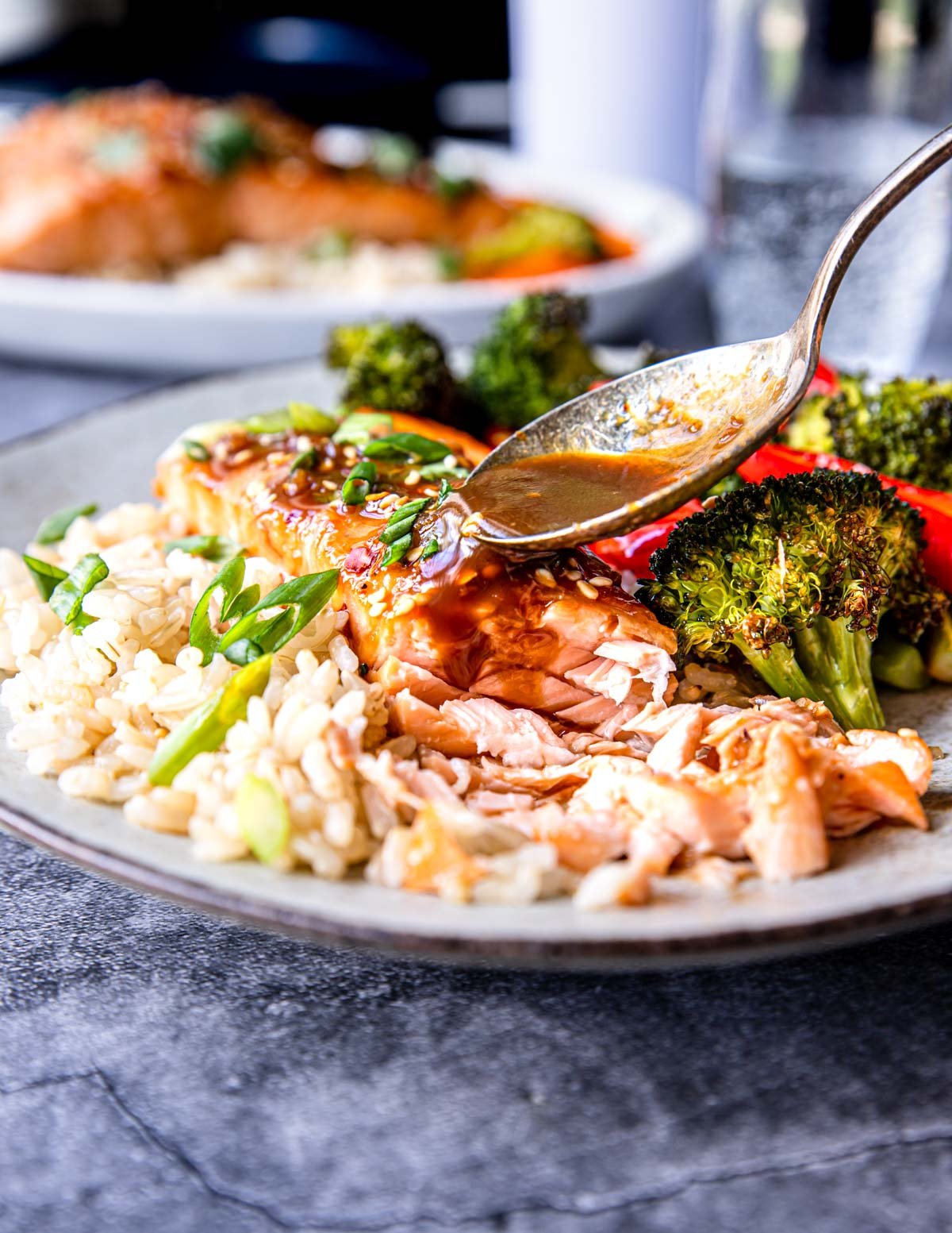 a plate with Asian glazed salmon with veggies and rice