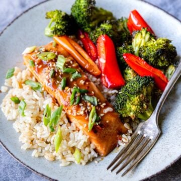 Asian Marinated Salmon on a plate with rice and veggies