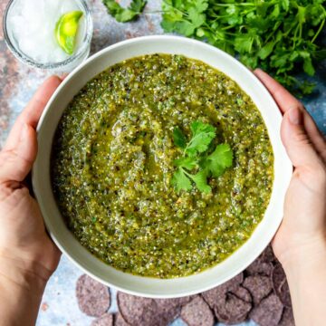 a bowl of grilled tomatillo salsa