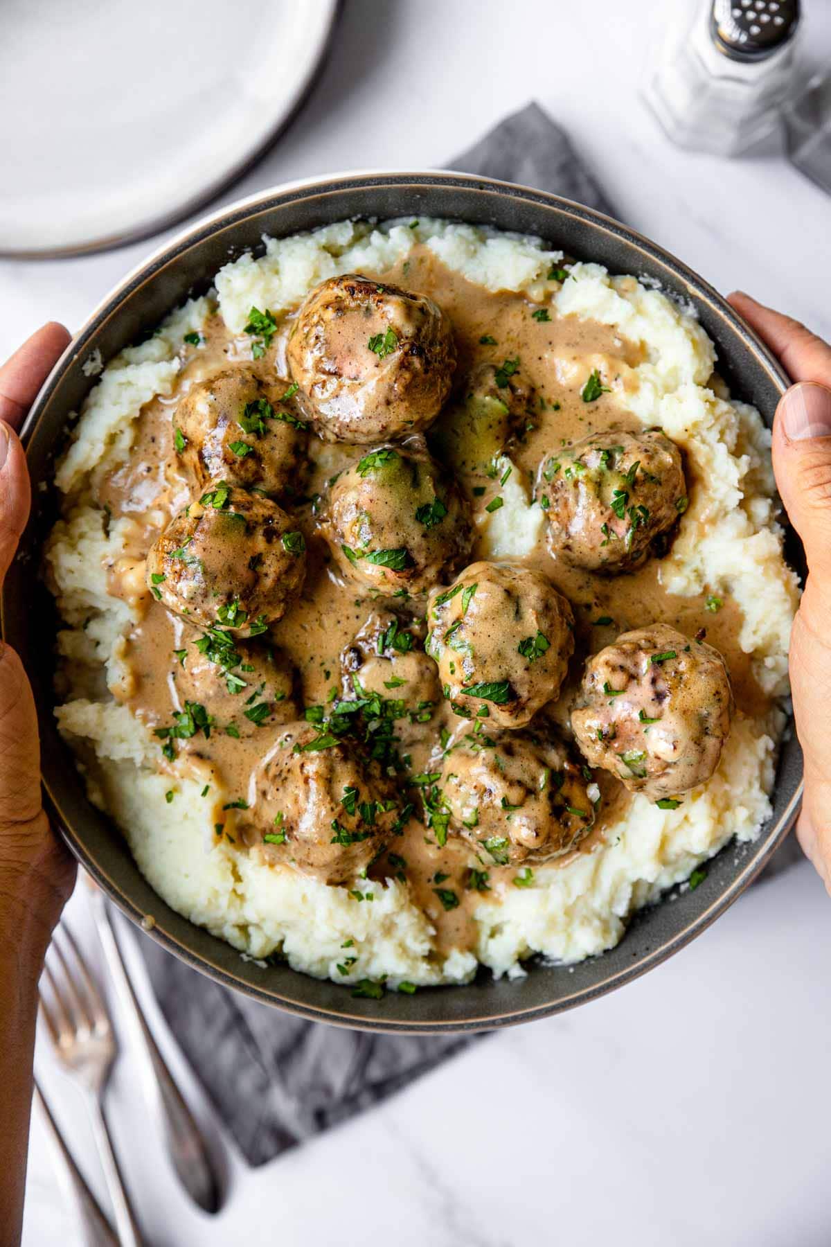 a bowl of Instant Pot Swedish Meatballs and Mashed Potatoes