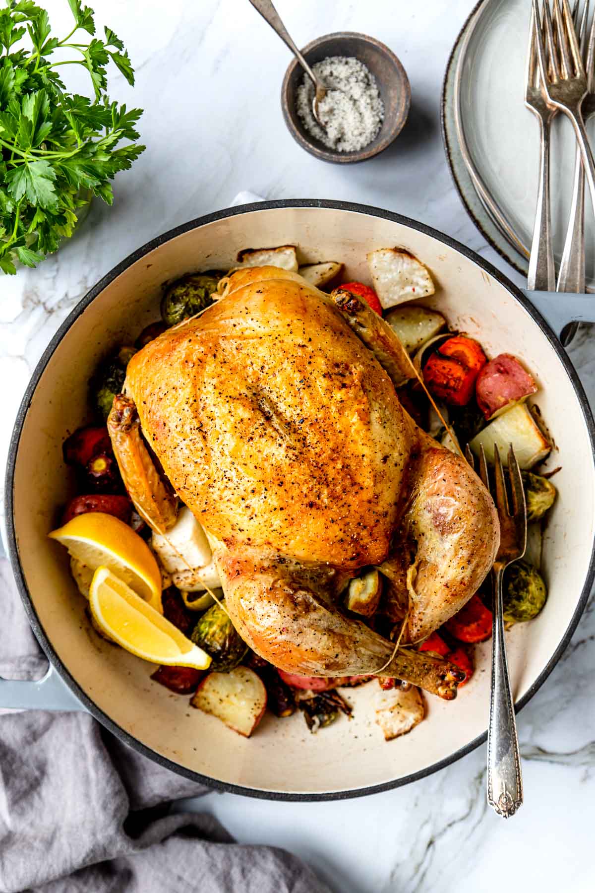 A whole roast chicken in a Dutch oven with veggies