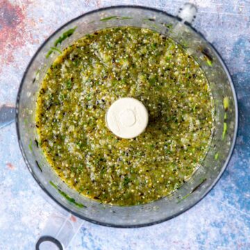 Grilled Tomatillo Salsa in a food processor