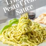 pesto cream sauce pasta with text overlay