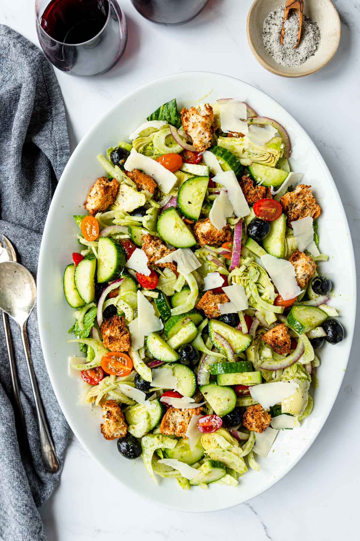 Italian Salad on a platter with basil vinaigrette