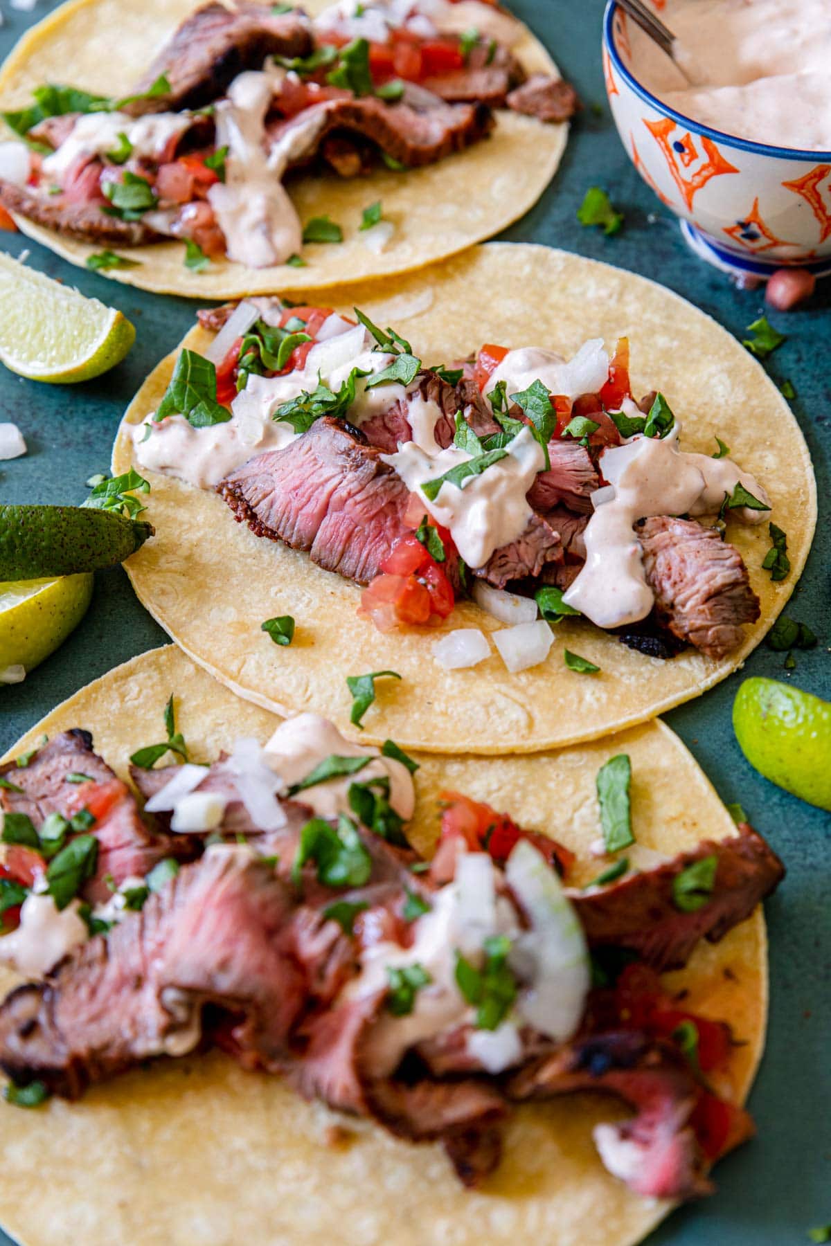 grilled steak tacos with pico de gallo and chipotle crema